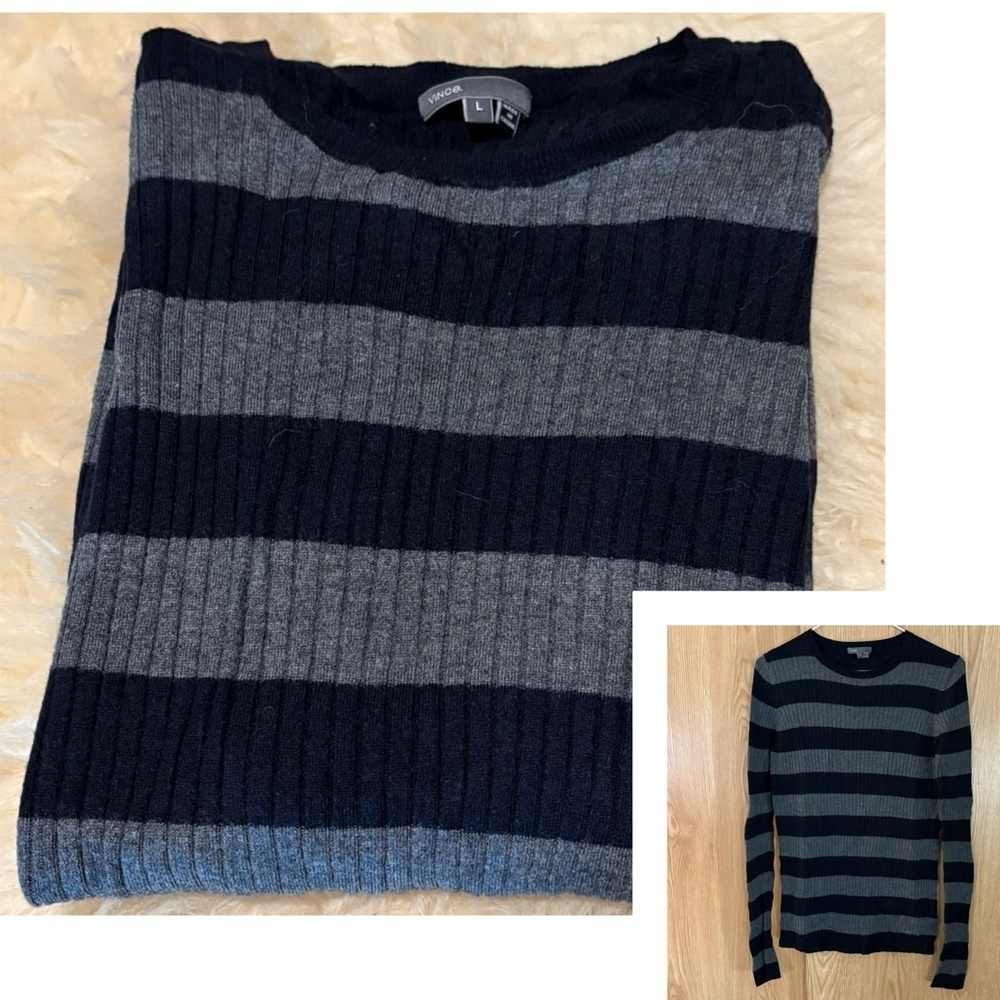 Vince Striped Pullover Black/ Gray Cable Knit Sweater - Picture 5 of 5